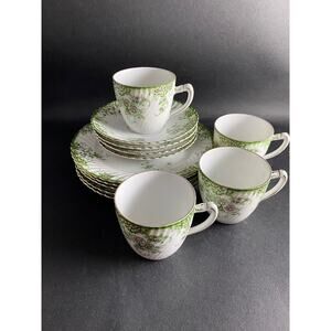 Antique 13-Piece Tea Set - Delicate Green Leaf & Pink Flower Pattern